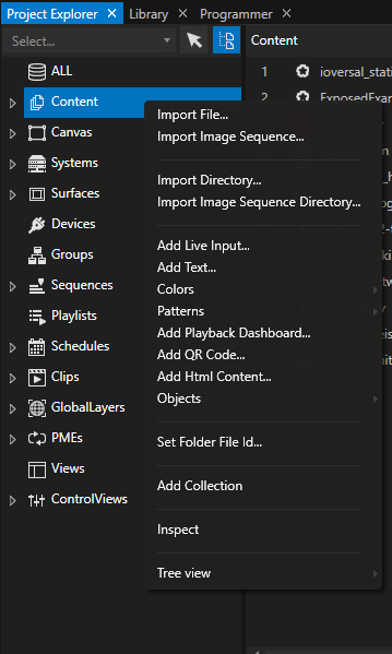 Context Menu of the Content Manager holds many options for adding or importing content.